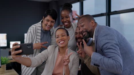 Smile,-selfie-and-business-people-with-peace-sign