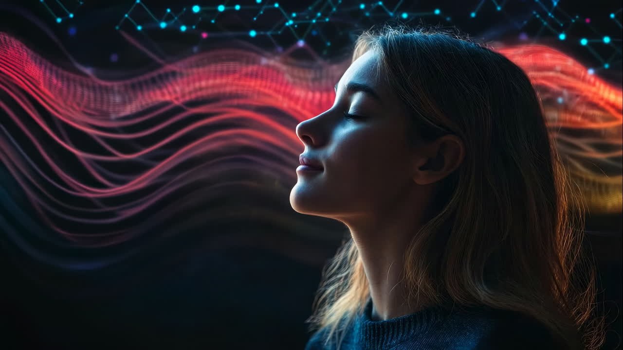 Colorful waves around woman. A young woman is shown in profile against a dark backdrop, with colorful light waves creating a calm focus