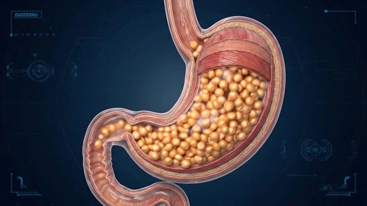 Detailed human anatomy scene of human stomach with stomach cutaway showing internal contents and inner wall in a professional medical render