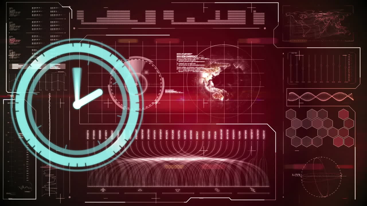 화면에 지구와 함께 빠르게 움직이는 시계와 데이터 처리의 애니메이션