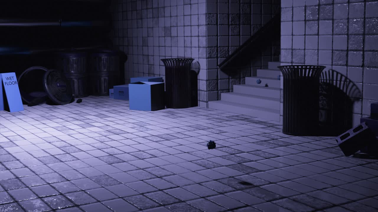 un sótano oscuro y sucio con el suelo mojado