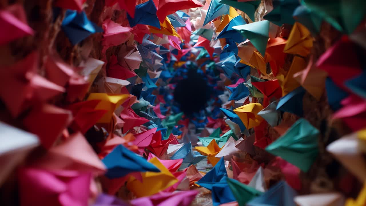 A Mesmerizing Tunnel of Colorful Origami: Exploring the Intricate Depths of an Engaging Installation Made with Vibrant Paper Creations, Creating a Stunning Visual Experience That Captivates the Senses