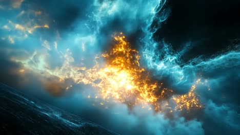 fiery explosion amidst swirling blue waves at night