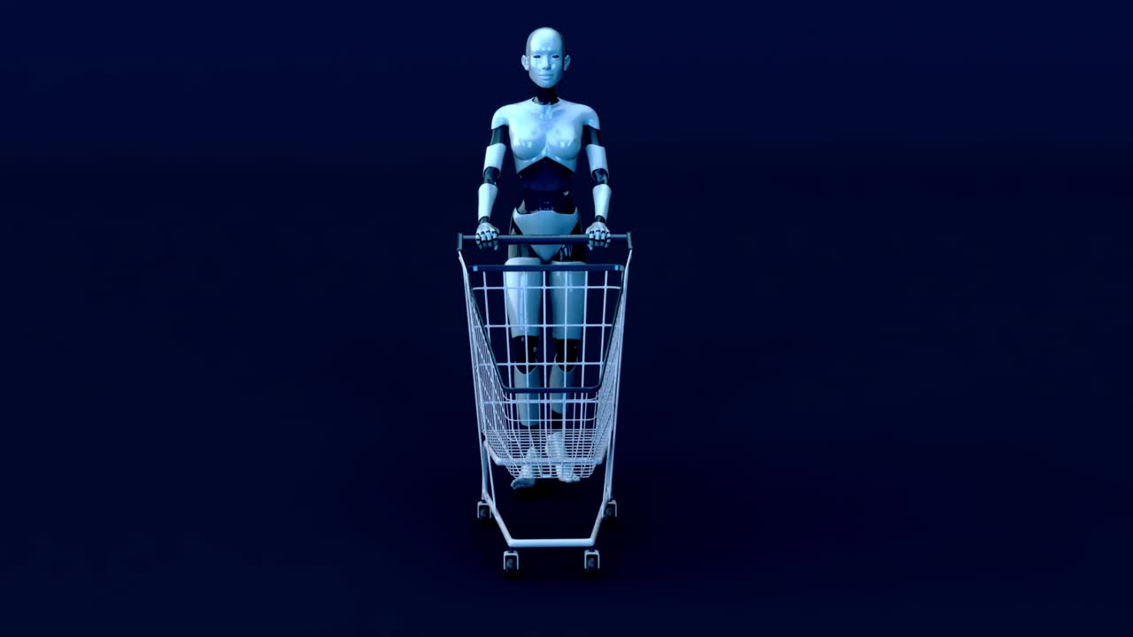 4K concept animation of a woman robot shopping