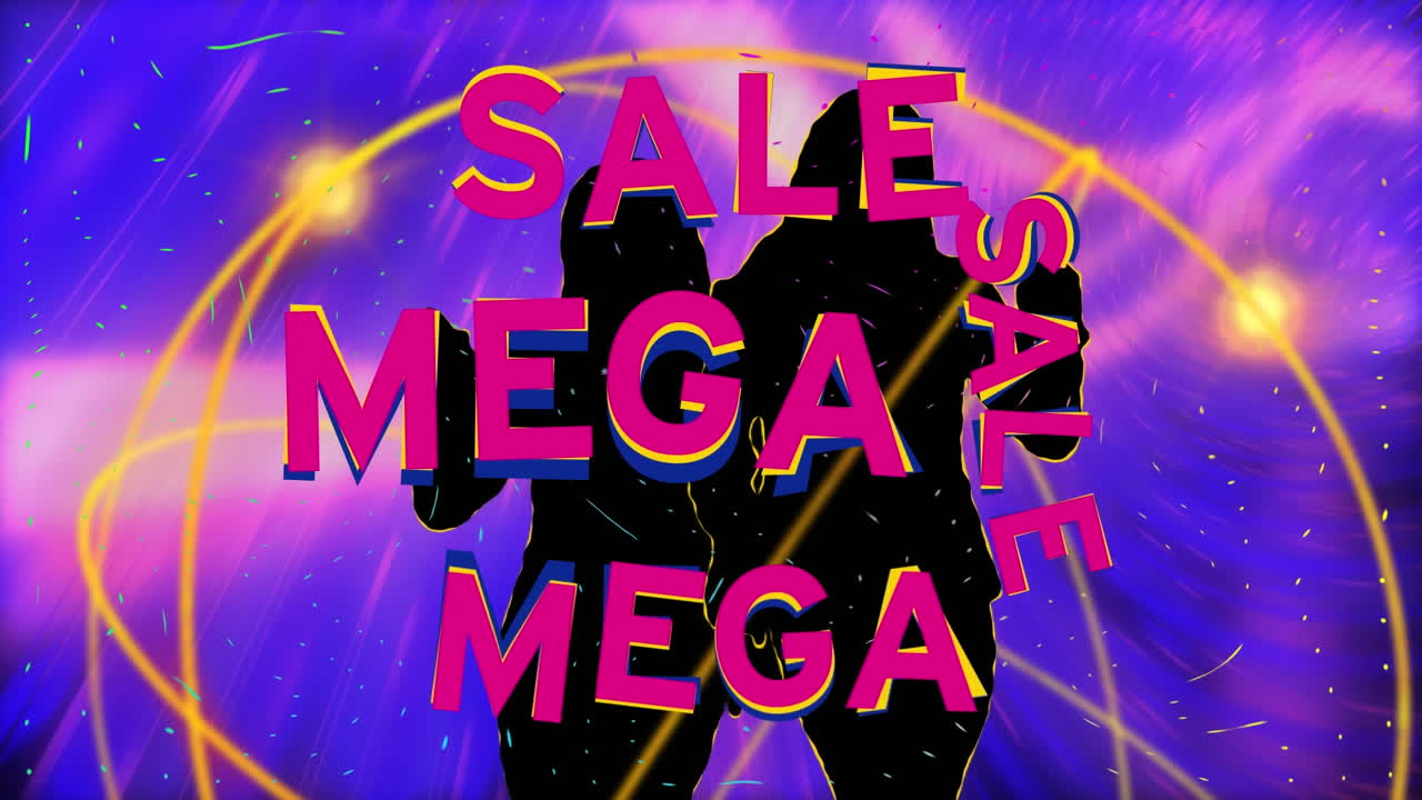 animación de texto de mega venta y siluetas de mujeres bailando sobre un fondo azul