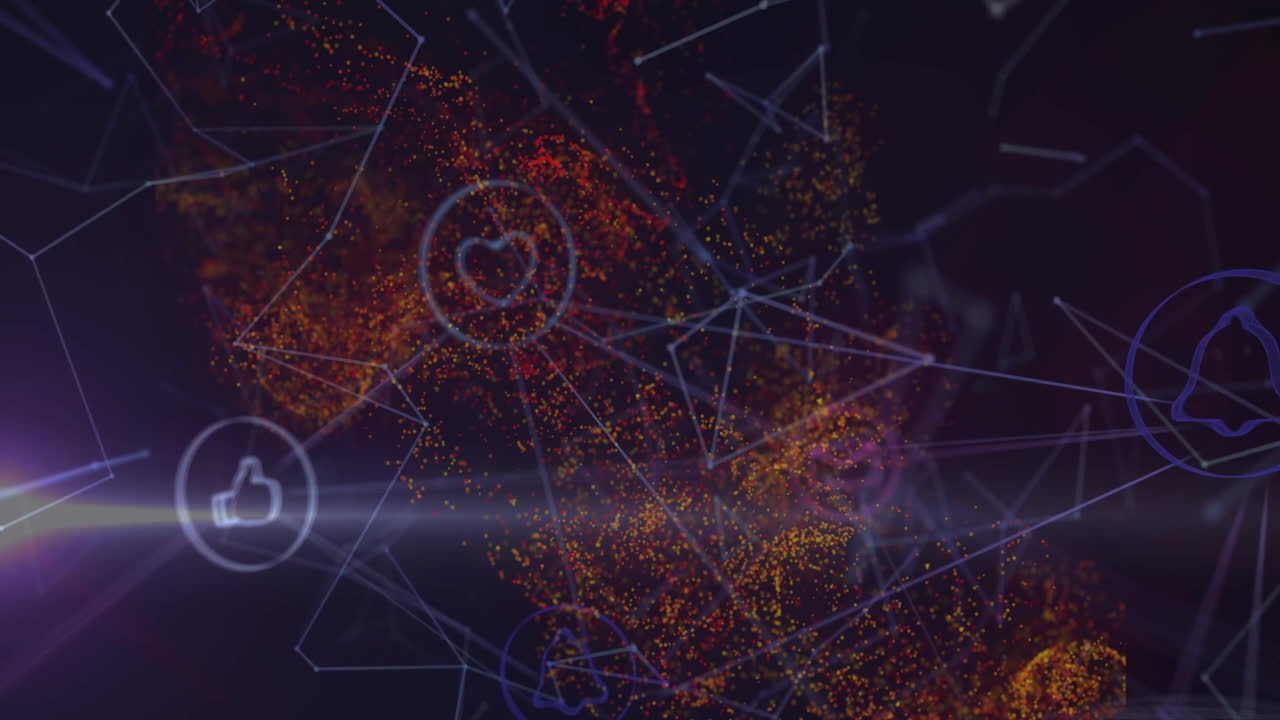 animación de la red de conexiones con iconos sobre puntos de luz sobre fondo negro