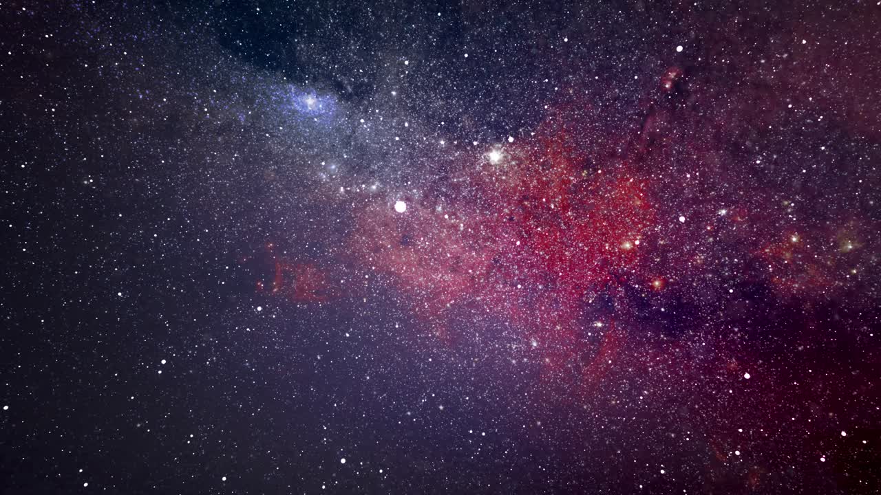 Sfondo di viaggio spaziale tra le stelle luminose su sfondo rosso.
