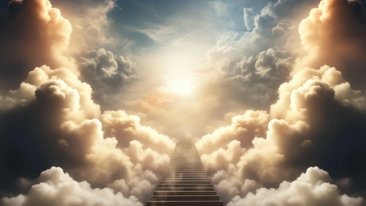 A surreal video concept of a heavenly staircase ascending through dramatic clouds