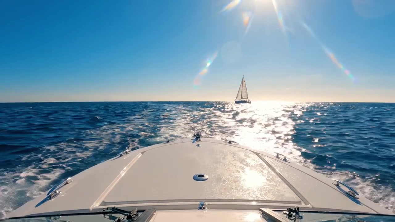 Eine friedliche Seefahrt über die glitzernden Ozeangewässer, die die Schönheit des Segelns unter einem leuchtend blauen Himmel mit einer strahlenden Sonne im Hintergrund einfängt