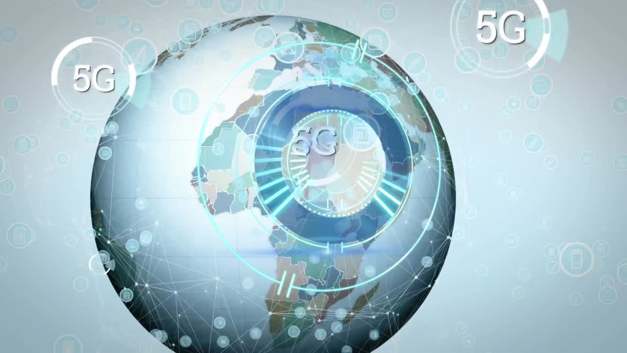 회색 배경에 5g의 프로세싱 서클과 글로브의 애니메이션