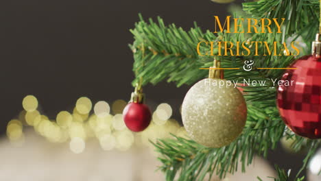 animación de felicitaciones de navidad texto sobre árbol de navidad y bolas