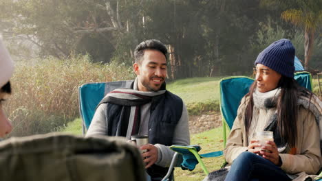 Friends,-camping-and-talking-together-in-happy