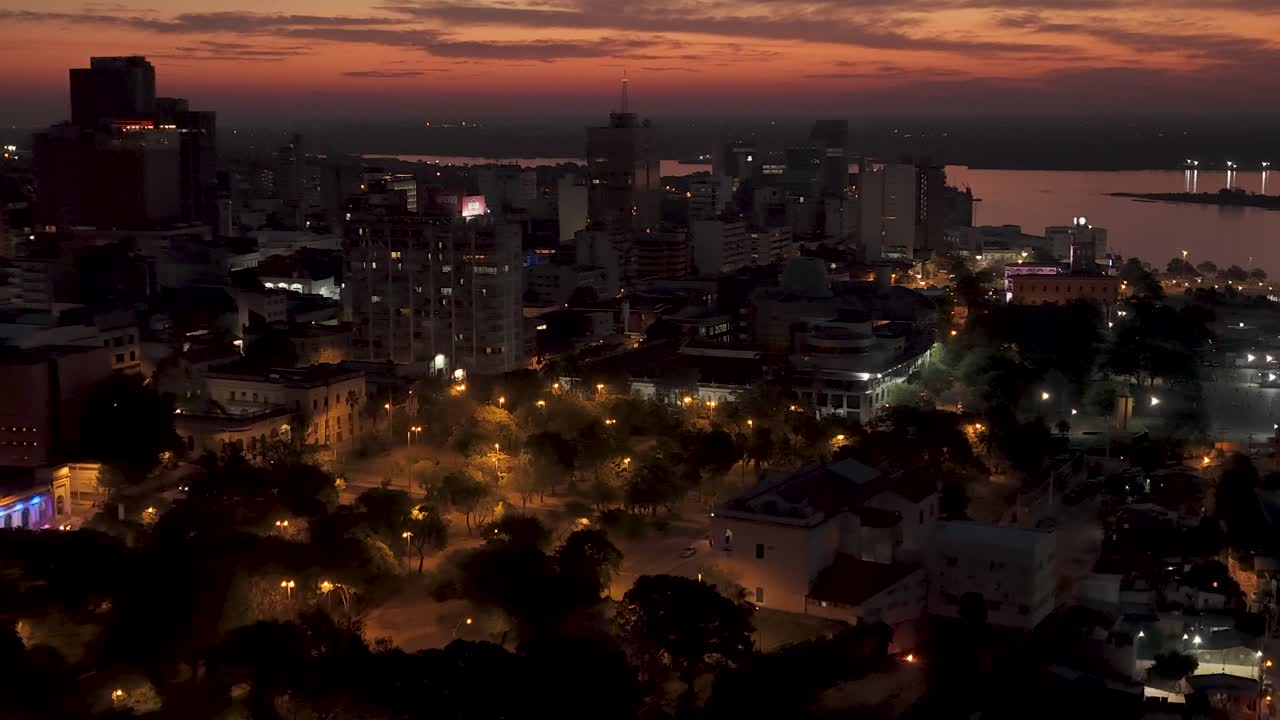 Asunción city centre is bathed in the golden glow of a spectacular sunset