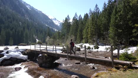 still shot of a young man walking over a bridge on a valley in the swiss alps