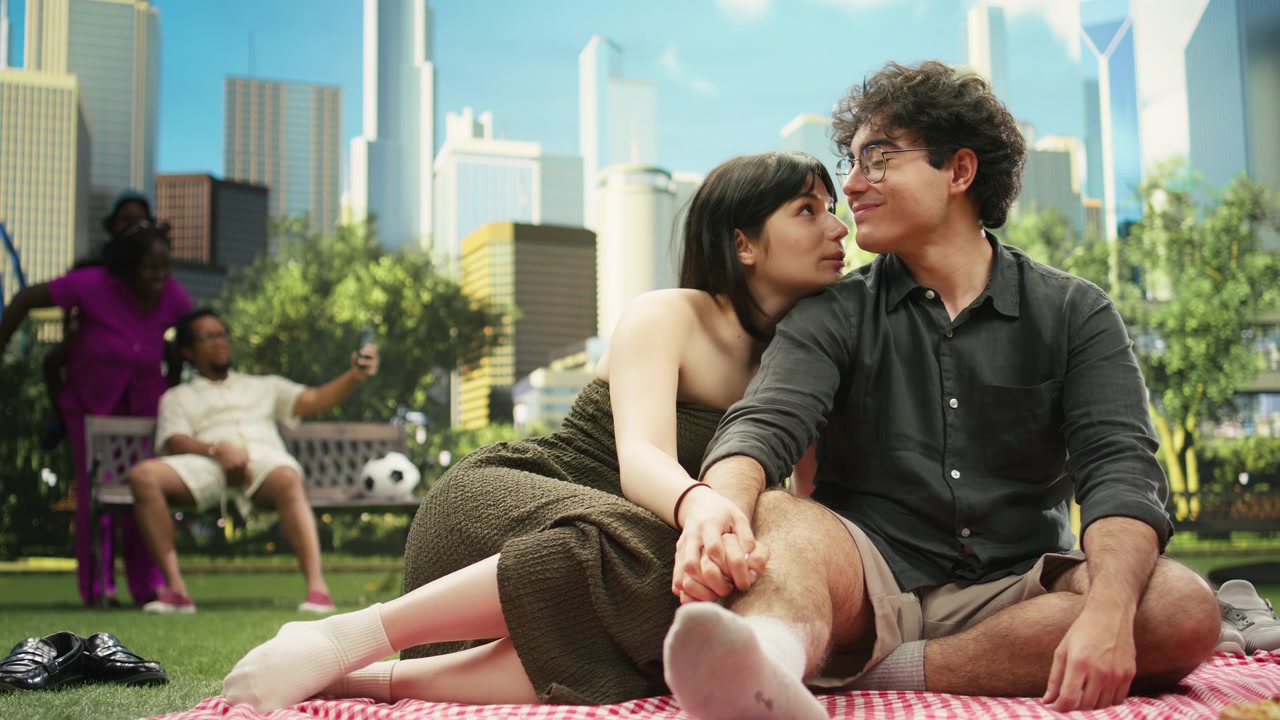 Coppia romantica seduta su una coperta da picnic che si accarezza