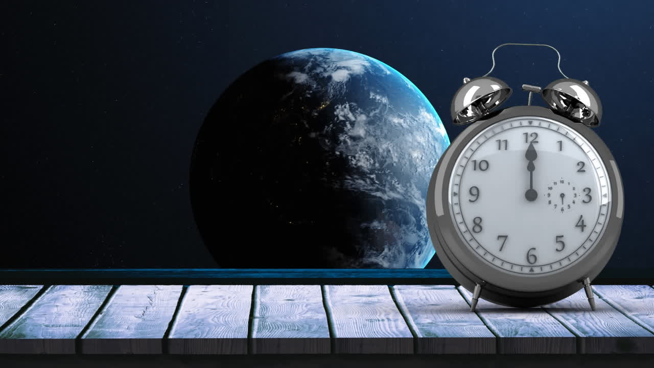 Animation of vintage alarm clock moving fast and ringing and globe spinning on blue background