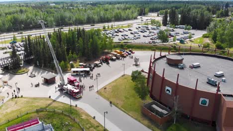 4k drone video of alaska salmon bake at pioneer park in fairbanks, ak during summer day