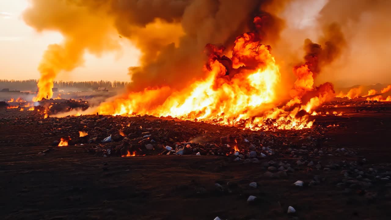 un gran fuego está ardiendo en el medio de un campo