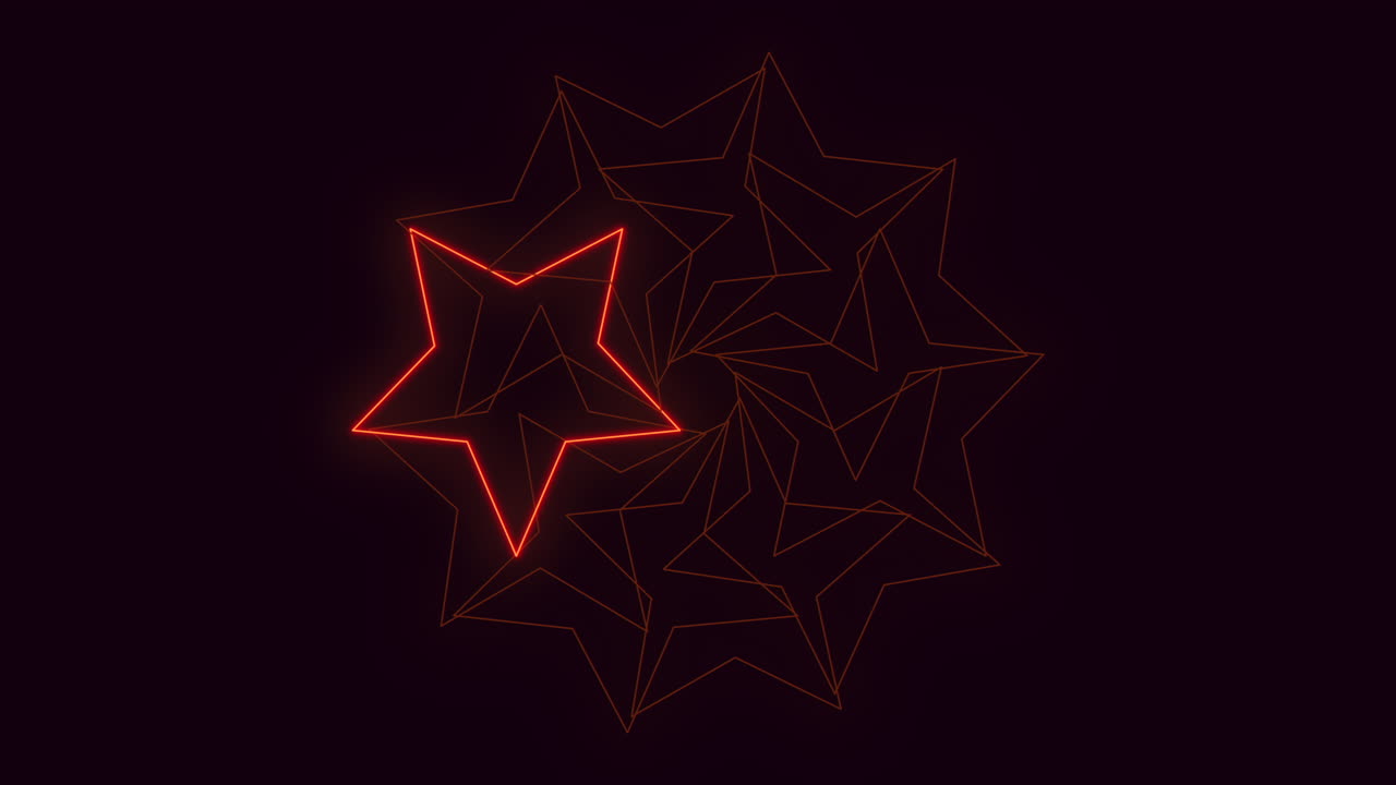 A striking image of a neon star glowing bright red, composed of several small triangular shapes in a circular formation. It emits a vibrant and radiant glow