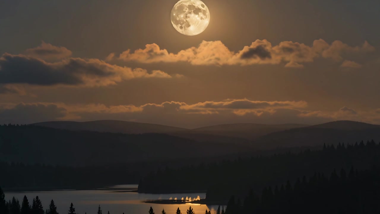 Seguendo il movimento delle nuvole, la luna piena scende sul lago, rivelando le luci della riva che si riflettono