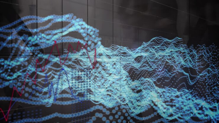 Animation of financial data processing over pedestrians walking in fast motion