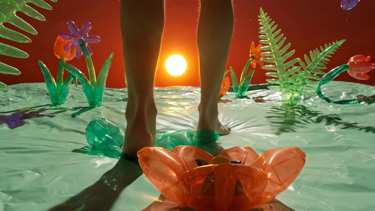 Nohy kráčející po plastových rostlinách v surrealistické krajině západu slunce.