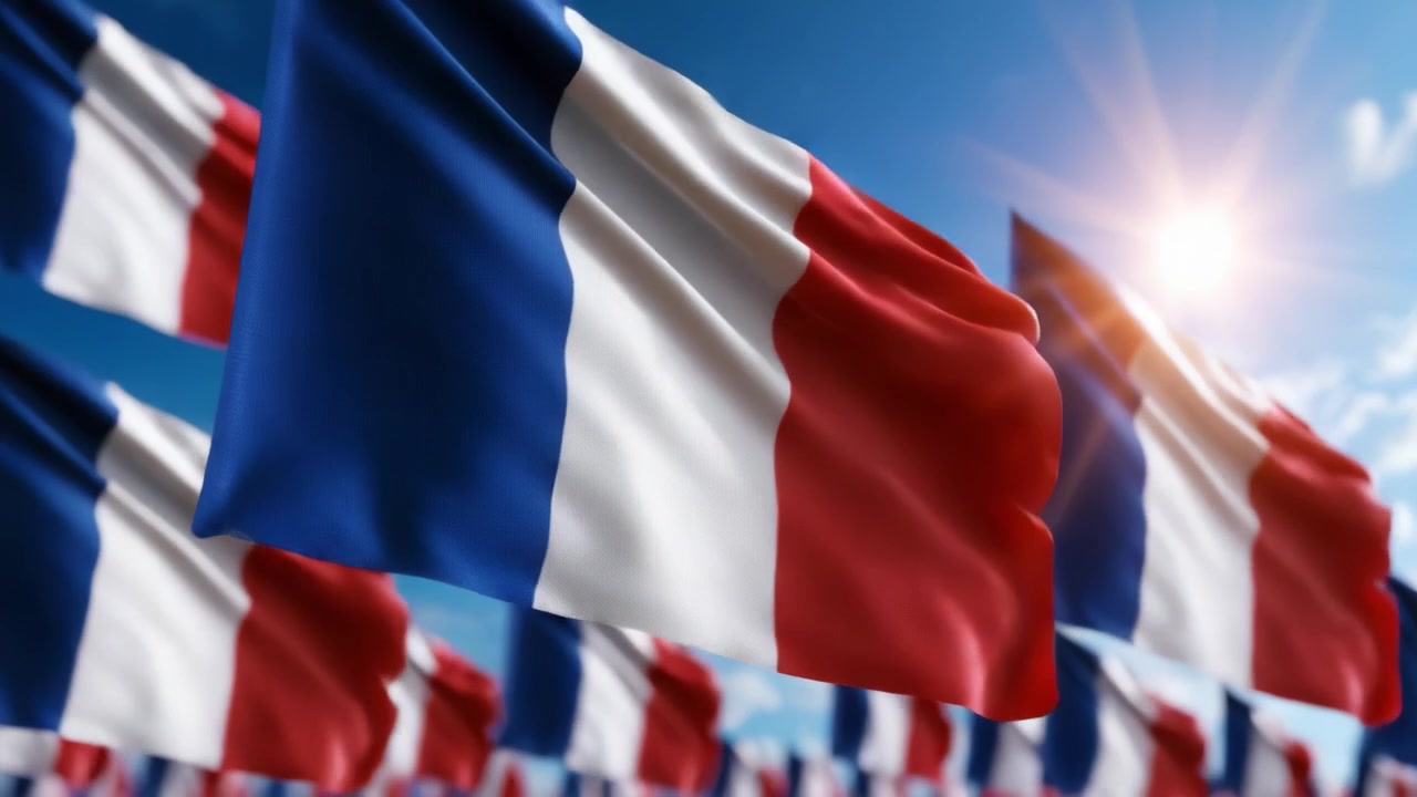 Un vivace spettacolo di bandiere francesi al vento sotto un cielo soleggiato, che simboleggia l'orgoglio e il patrimonio nazionale con i colori blu, bianco e rosso che risaltano su uno sfondo luminoso.