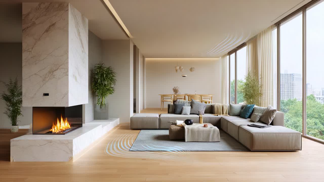 Contemporary Living Room Design Featuring a Cozy Fireplace and Elegant Decor with Natural Light and Greenery for a Warm and Inviting Atmosphere