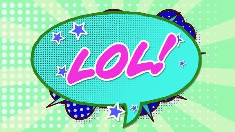 animation of lol text over a retro speech bubble against dots row pattern on green background