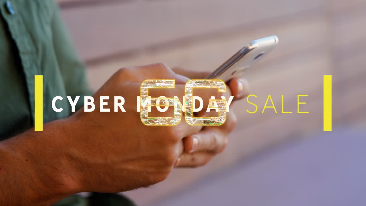Animazione del testo "Cyber Monday Sale" e 6G su uomo che usa uno smartphone