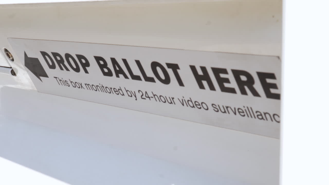 Drop Ballot Here Sign and Slot with Arrow for Mail-in Election Voting Box Close Up