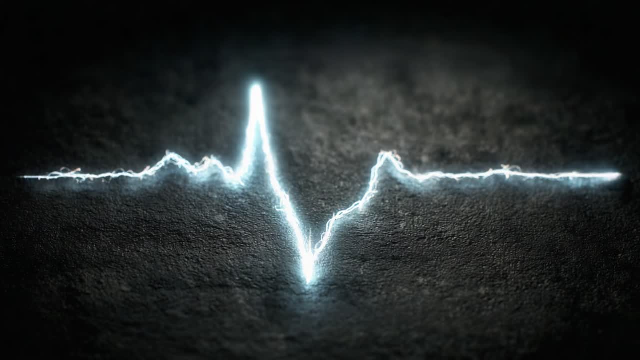 Visualizzazione dinamica di una forma d'onda elettrocardiografica che mostra schemi di battito cardiaco con un drammatico riflesso di luce su uno sfondo scuro.