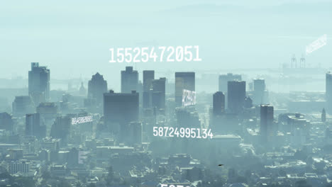 animation of multiple changing numbers and data processing against aerial view of cityscape