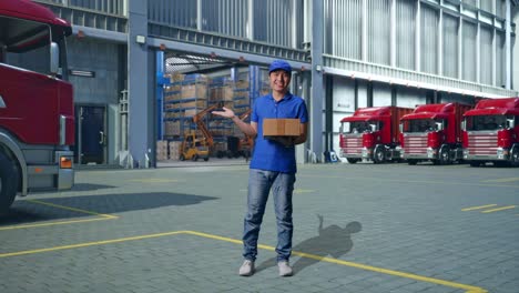 full body of asian male courier in blue uniform smiling and pointing to the side while delivering a carton, outside of logistics distributions warehouse