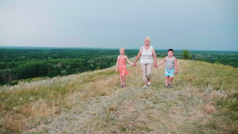 grandmother for the hands with two grandchildren - a girl and a boy walks through the lively rural countryside 1