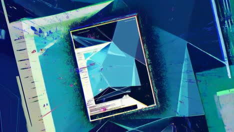 abstract geometric digital art with glitch effects in blue tones