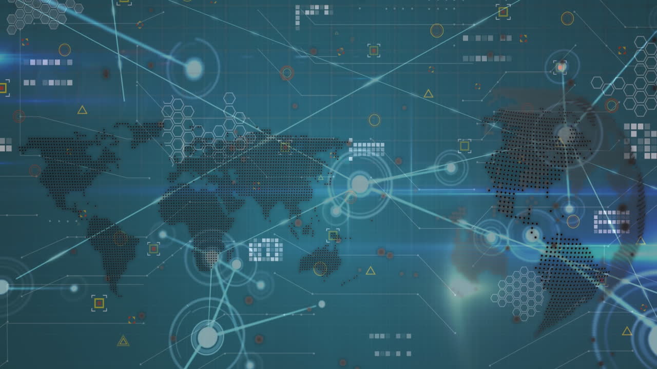 파란색 배경에 대한 세계 지도와 회전하는 지구에 대한 연결 네트워크의 애니메이션