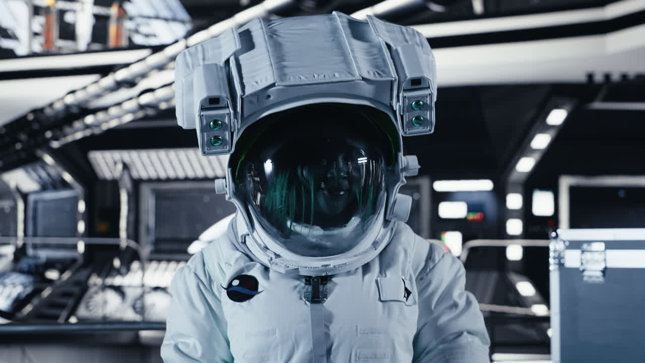 Portrait of smiling astronaut inside high tech spacecraft