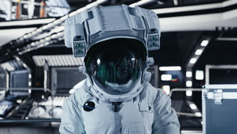 portrait of smiling astronaut inside high tech spacecraft