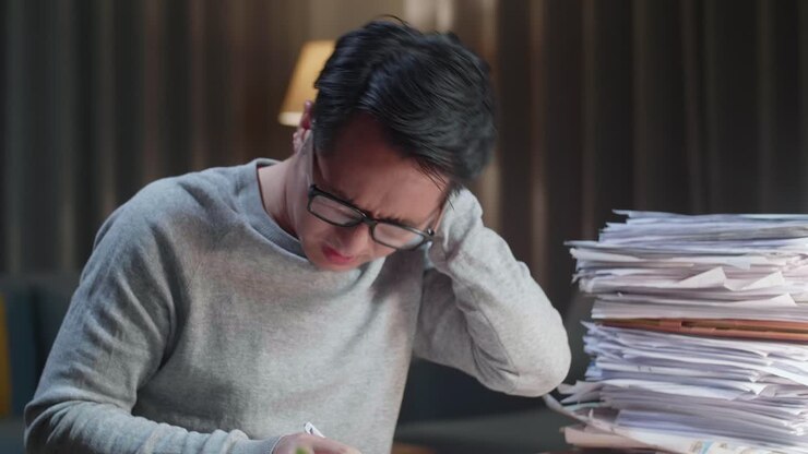 Close Up Of Asian Man Having Neck Pain While Working Hard With Documents At Home
