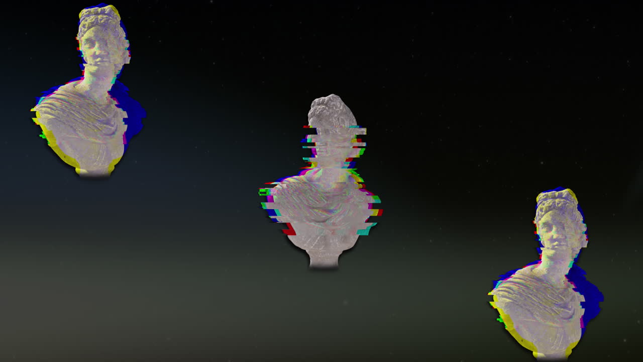 검은색 배경에서 움직이는 간섭과 함께 머리 조각의 애니메이션