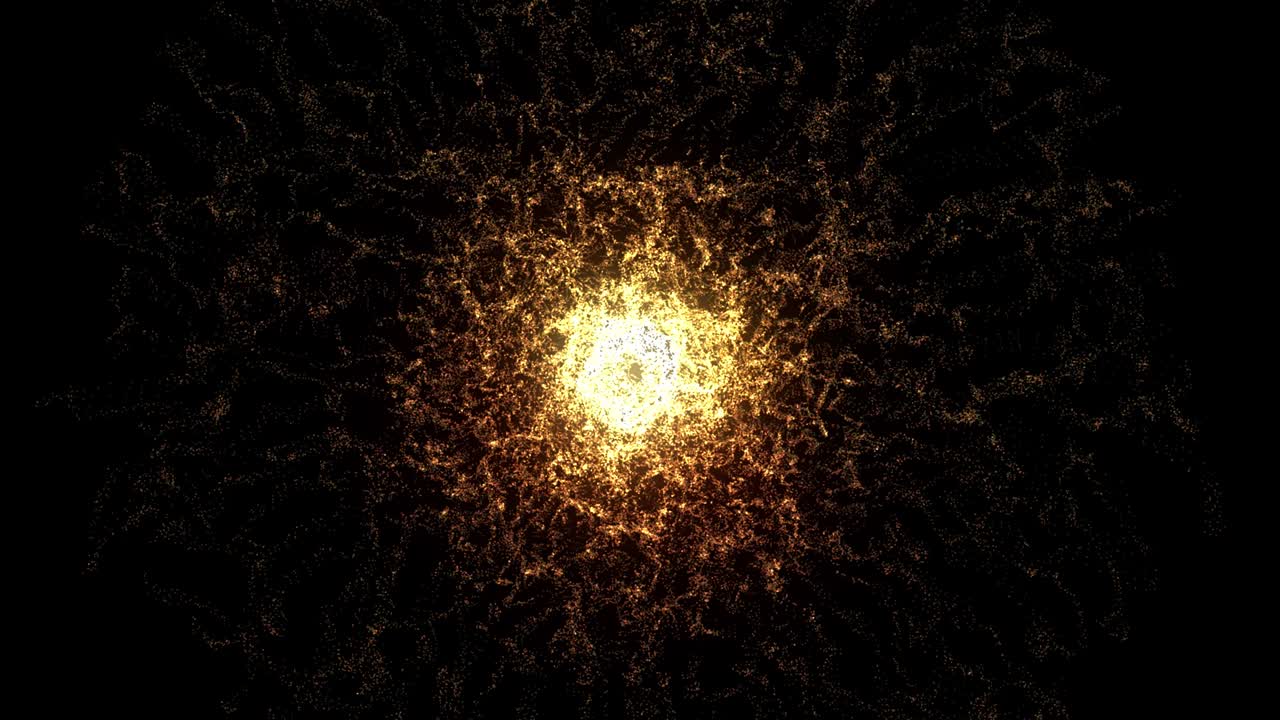 Golden flaming circle with lights rays is motion waves and particles on black background