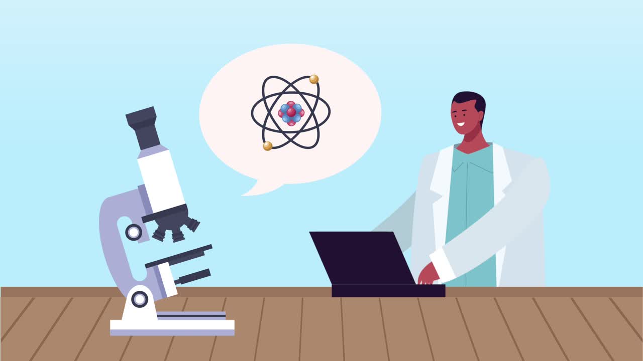 male scientist using laptop with microscope