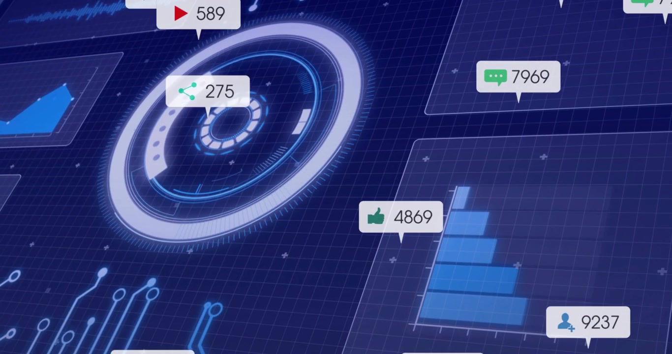 Dark blue circuit grid background while circular HUD rotating, animating labels pulsing chart bars