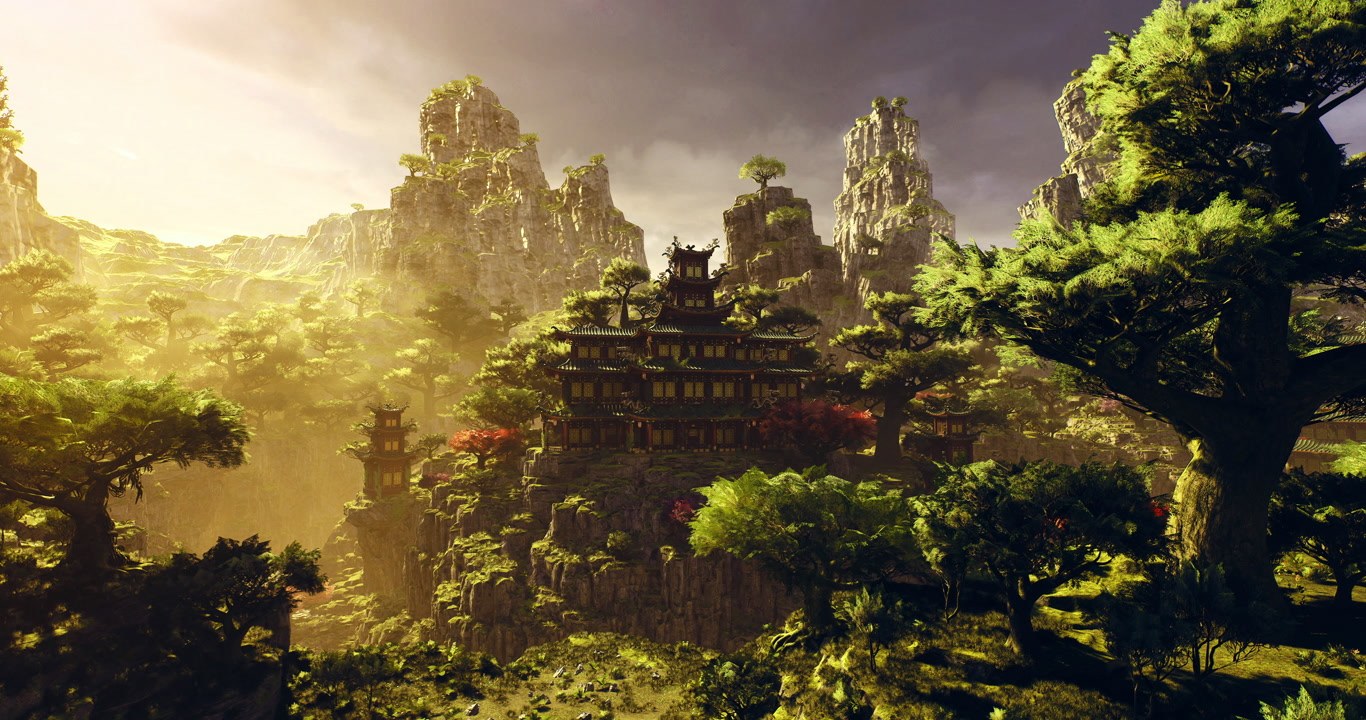 Scenic landscape featuring ancient chinese architecture amidst lush mountains