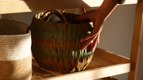 wicker baskets on a shelf