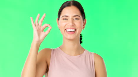 Face,-green-screen-and-woman-with-ok-sign