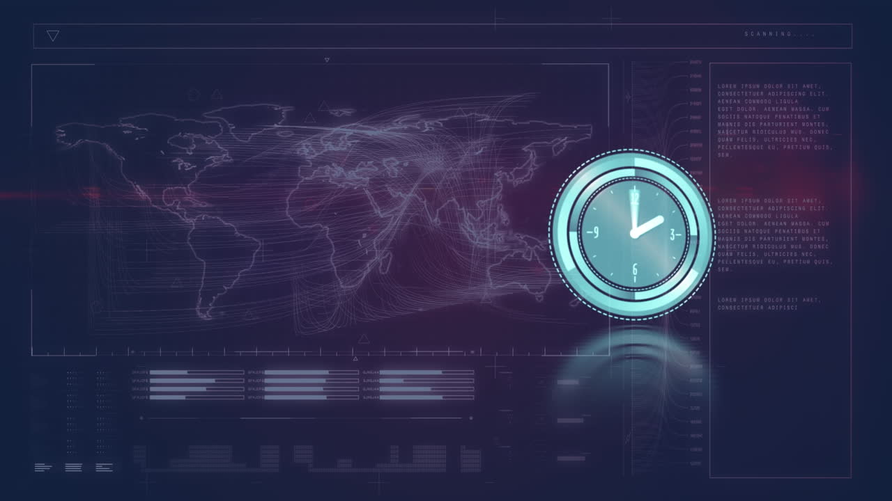 Animation of clock data processing and map on navy background
