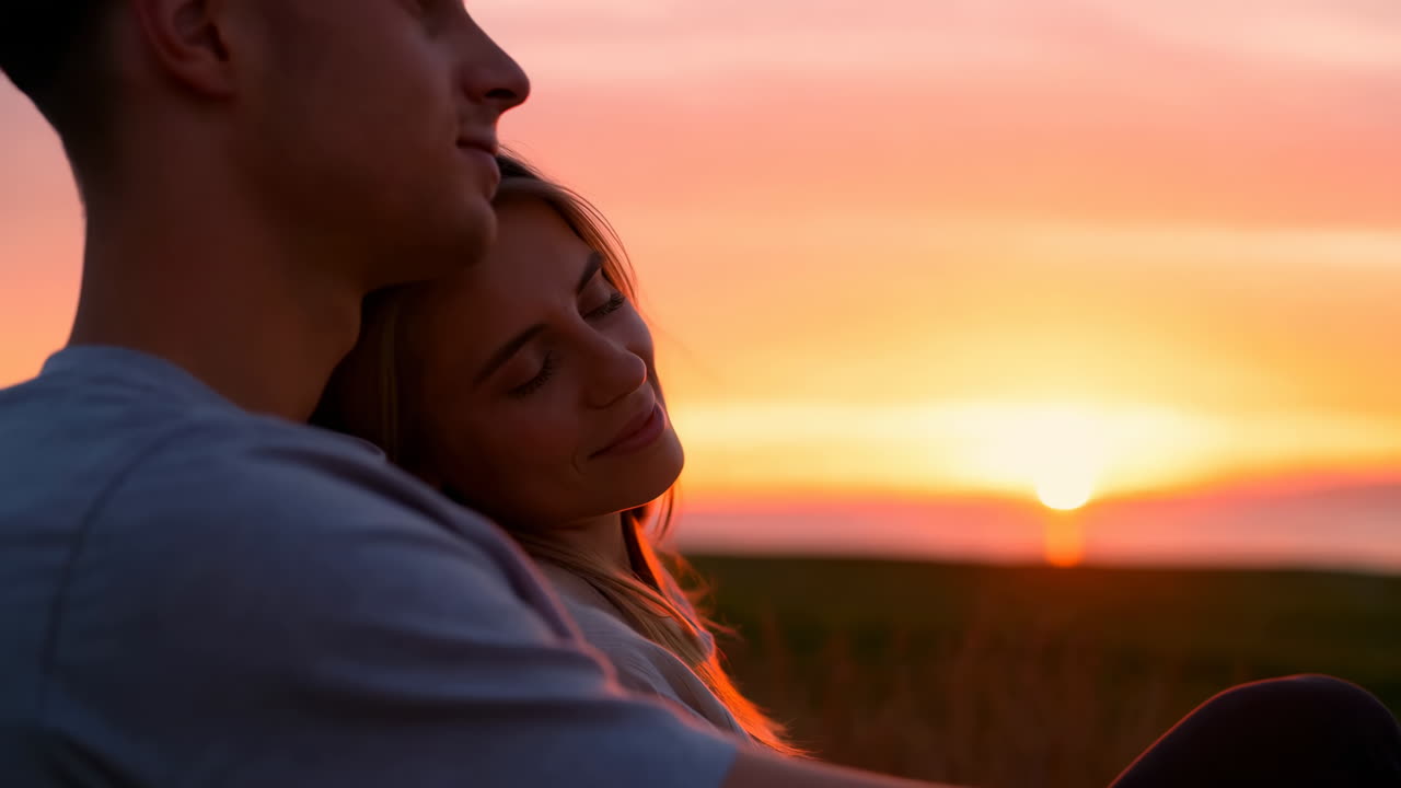 Joven pareja abrazándose pacíficamente durante un hermoso atardecer.