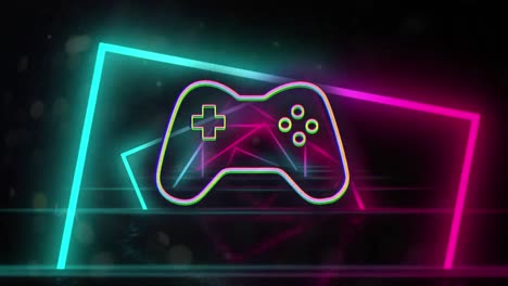 Animation of glitched gaming console over looping rectangle forming tunnel against black background